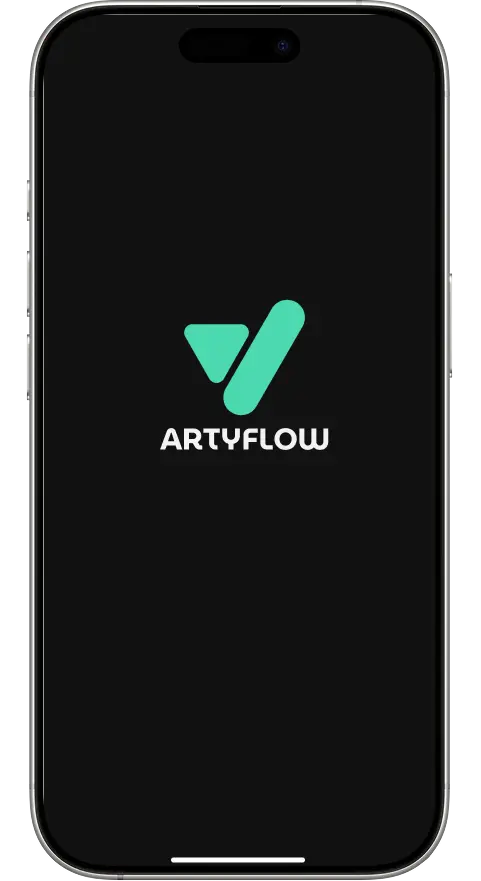 Artyflow - Phone with black background, Artyflow logo, and green checkmark